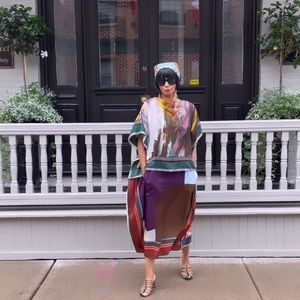 Zara Multicolor Abstract Print Midi Dress with Scarf